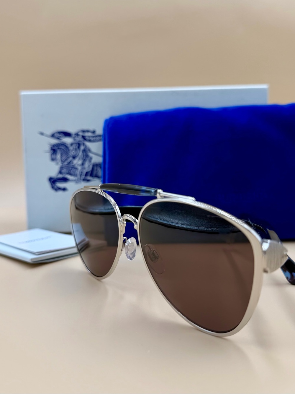 Burberry Silver Frame Aviator Sunglasses with Brown Lenses